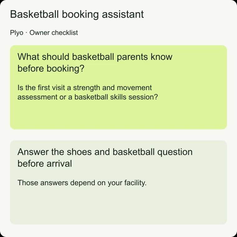 Basketball booking assistant: Answer the shoes and basketball question before arrival