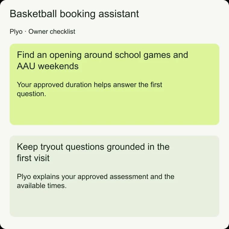 Basketball booking assistant: Keep tryout questions grounded in the first visit