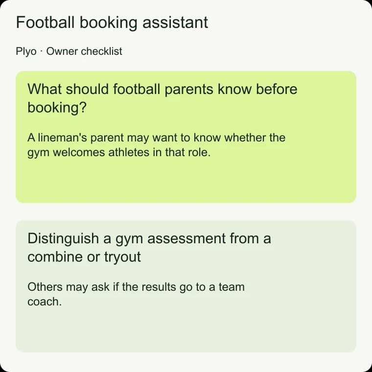 Football booking assistant: Distinguish a gym assessment from a combine or tryout
