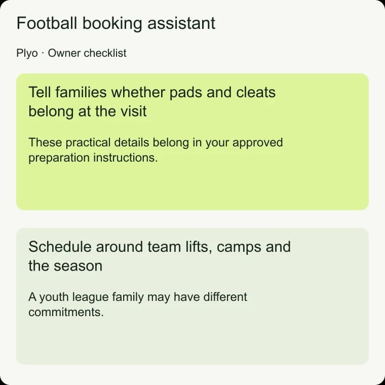 Football booking assistant: Schedule around team lifts, camps and the season