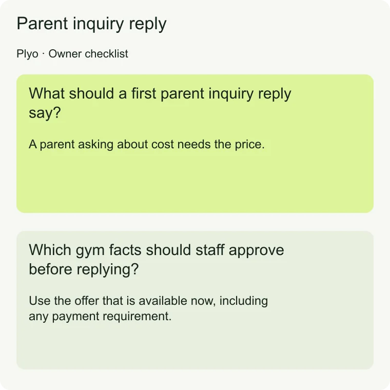 Parent inquiry reply: Which gym facts should staff approve before replying?