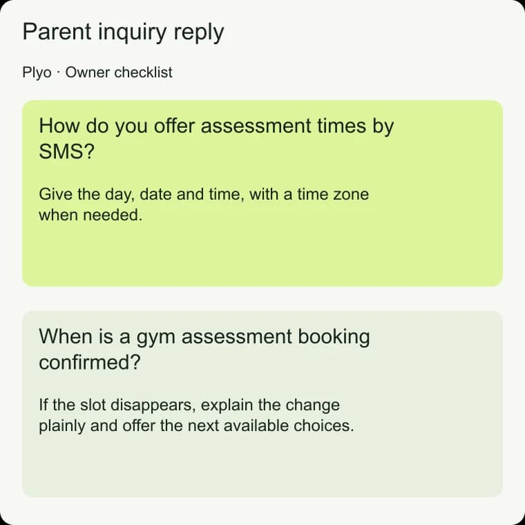 Parent inquiry reply: When is a gym assessment booking confirmed?
