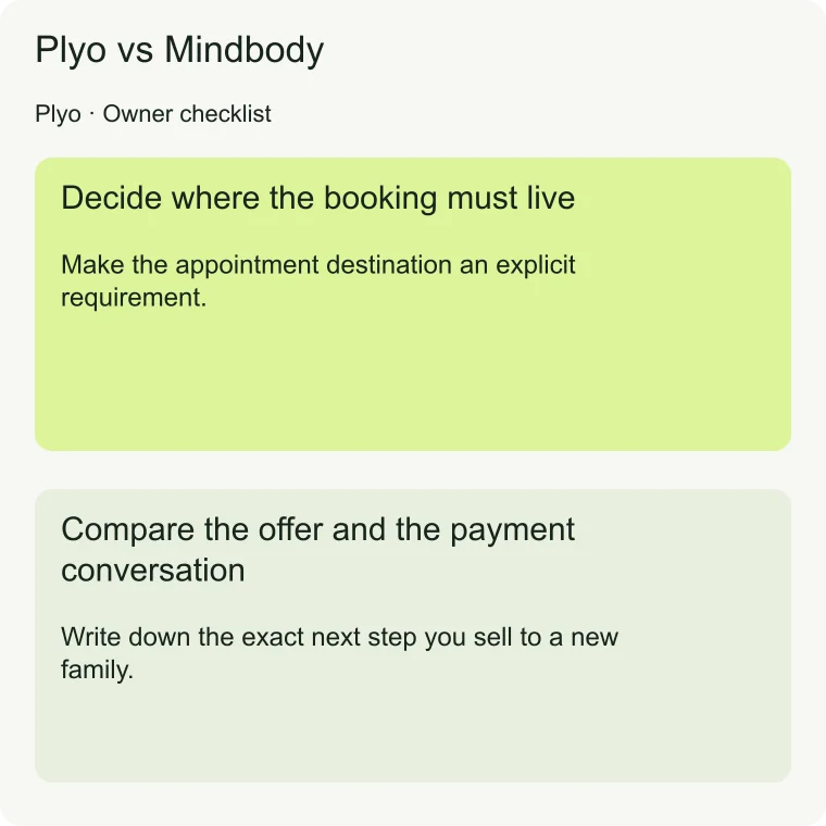 Plyo vs Mindbody: Compare the offer and the payment conversation