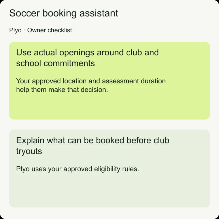 Soccer booking assistant: Explain what can be booked before club tryouts