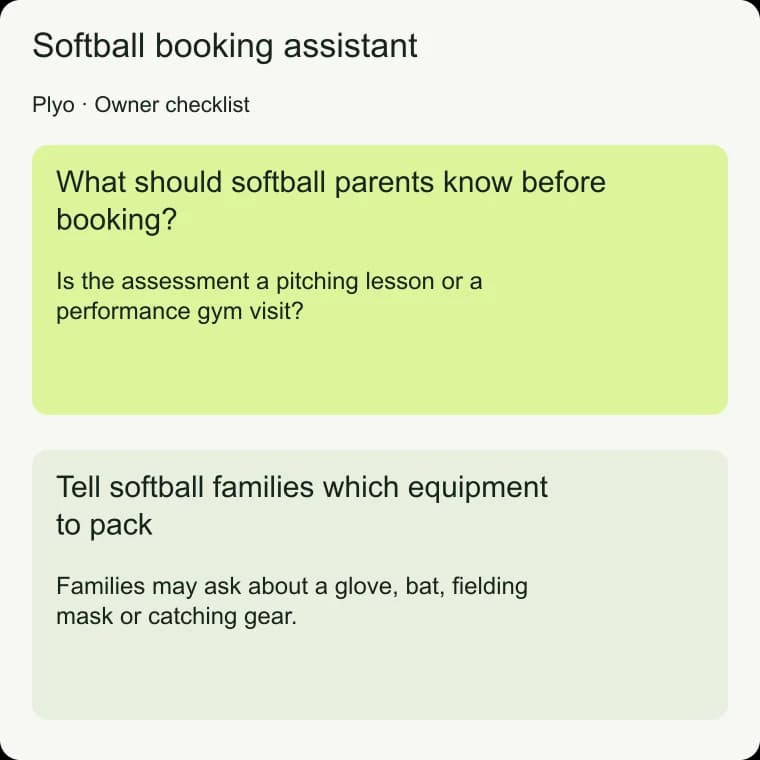 Softball booking assistant: Tell softball families which equipment to pack