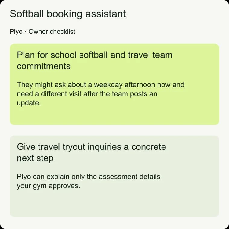 Softball booking assistant: Give travel tryout inquiries a concrete next step