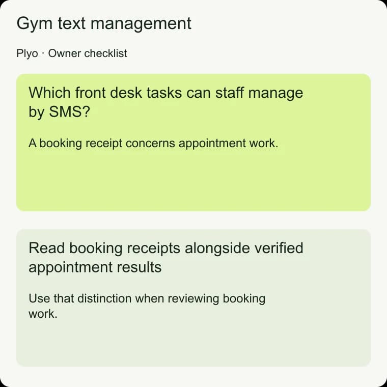 Gym text management: Read booking receipts alongside verified appointment results
