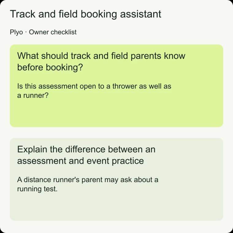 Track and field booking assistant: Explain the difference between an assessment and event practice