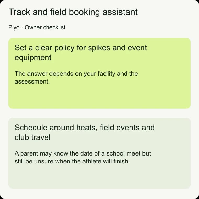 Track and field booking assistant: Schedule around heats, field events and club travel