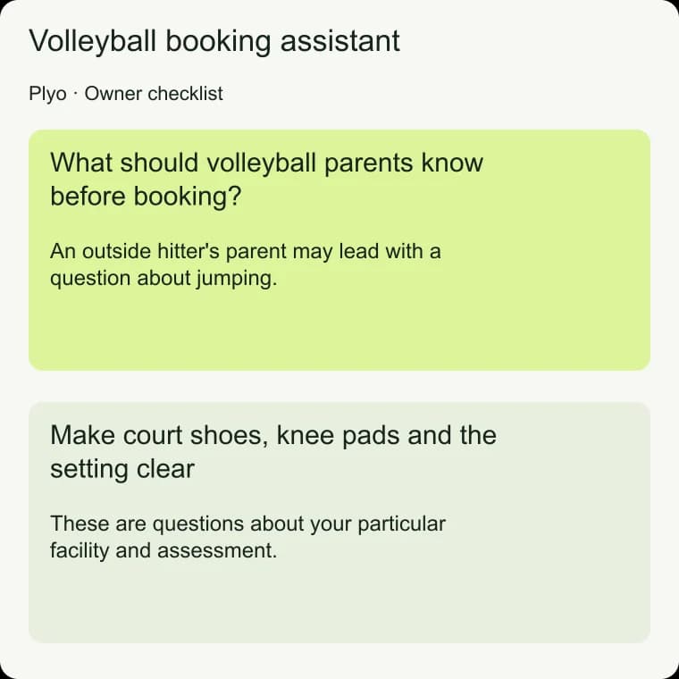 Volleyball booking assistant: Make court shoes, knee pads and the setting clear